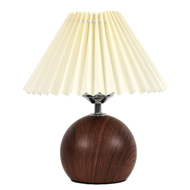 Minimalist Wood Grain Table Lamp with Pleated Shade - Warm Soft Light for Cozy Aesthetic Decor
