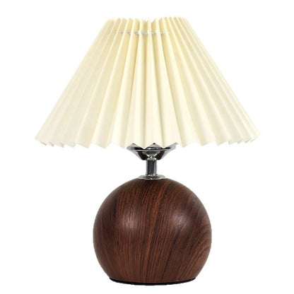 Minimalist Wood Grain Table Lamp with Pleated Shade - Warm Soft Light for Cozy Aesthetic Decor