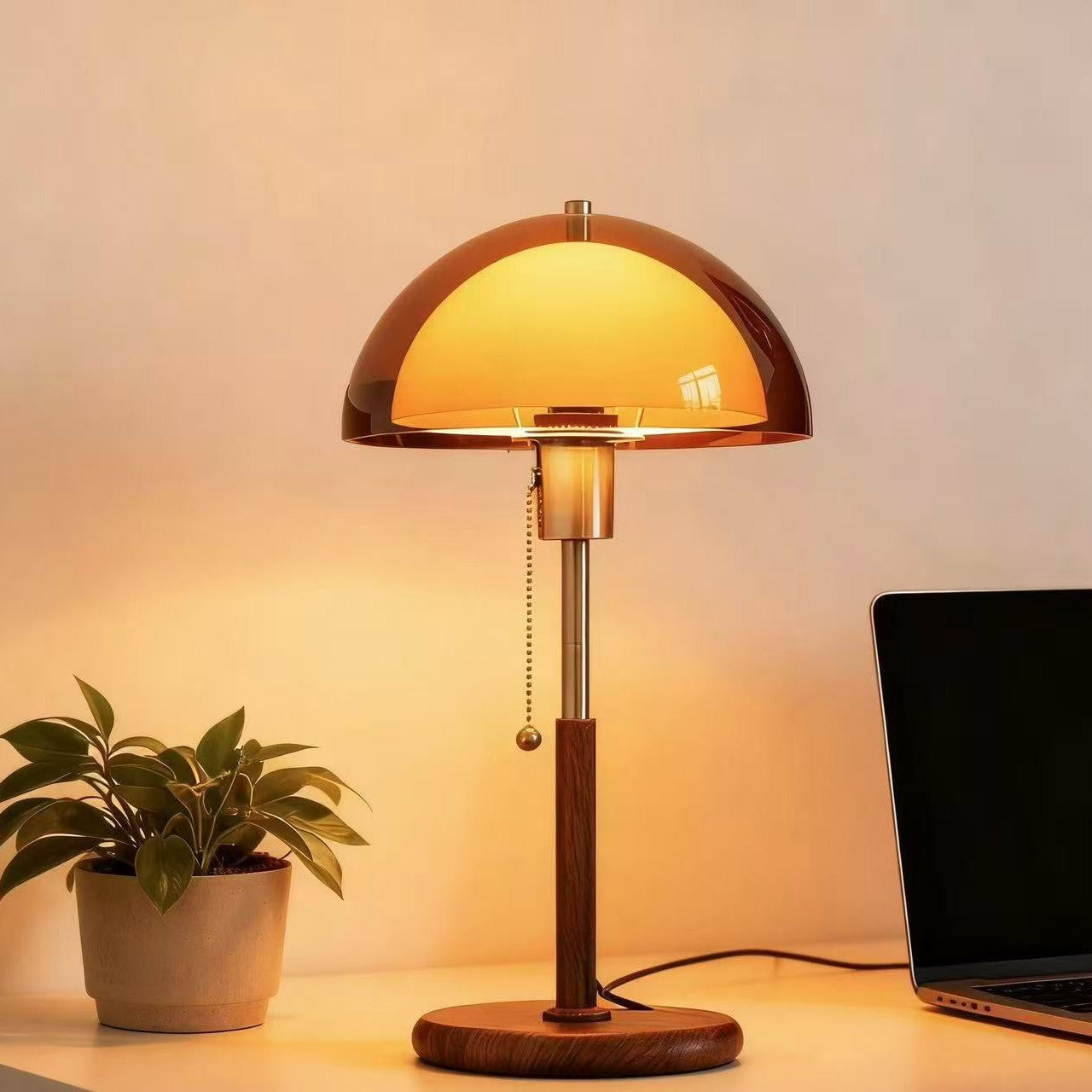 Retro Mushroom Table Lamp with Amber Glass Dome - Warm Glow for Cozy Home & Office Decor