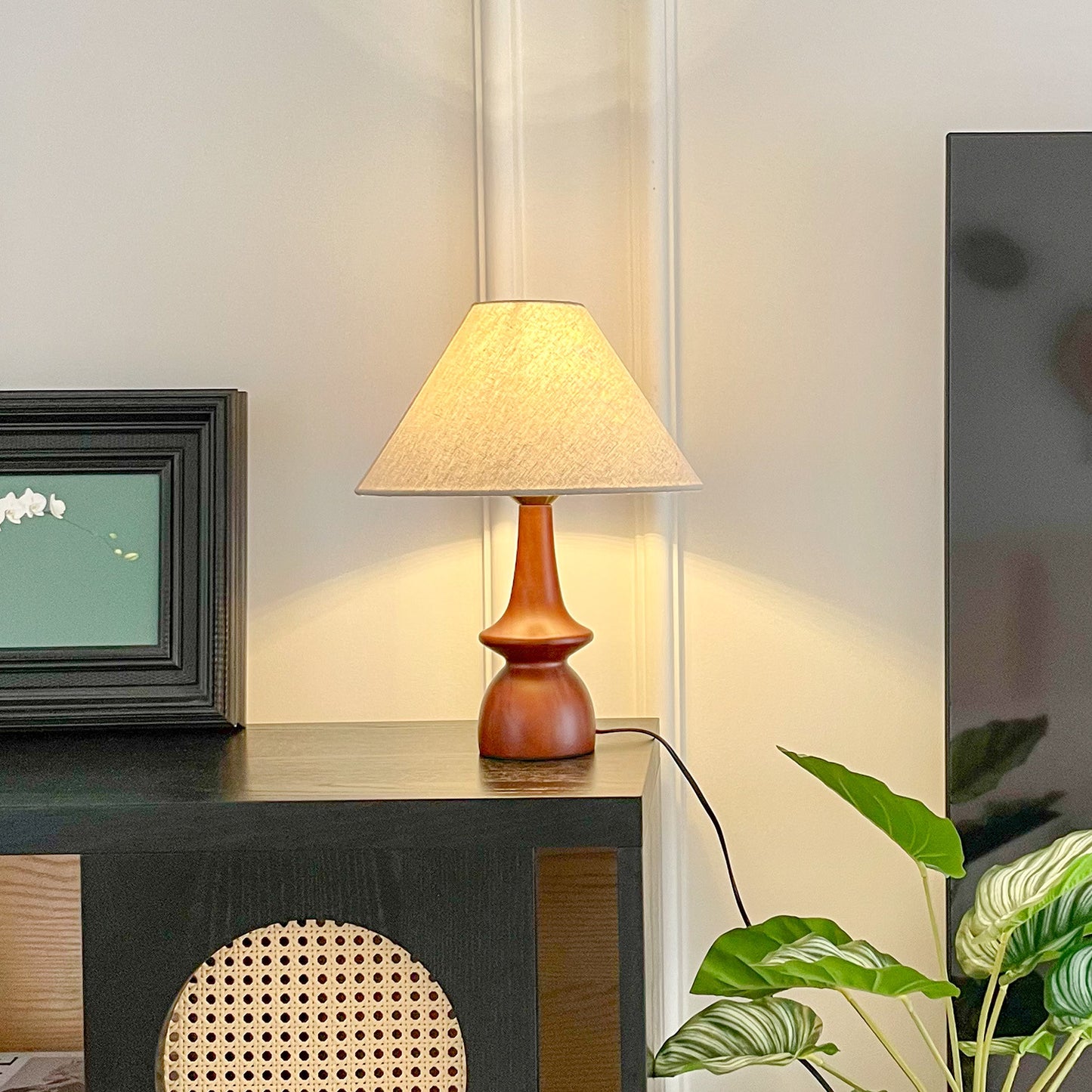 Scandinavian Style Table Lamp with Turned Wood Base & Linen Shade - Warm Soft Light for Cozy Aesthetic Decor
