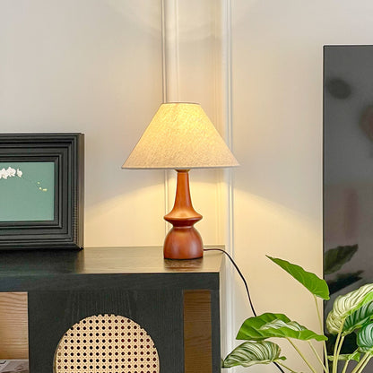 Scandinavian Style Table Lamp with Turned Wood Base & Linen Shade - Warm Soft Light for Cozy Aesthetic Decor
