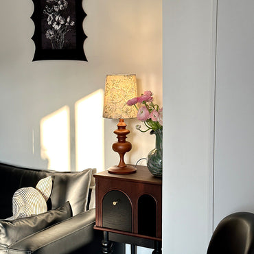 Antique-Inspired Table Lamp with Carved Wood Base - Soft Warm Glow for Cottagecore & Rustic Decor