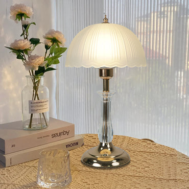 Elegant Crystal Stem Table Lamp with Pleated Glass Shade - Soft Warm Glow for Cottagecore & Vintage Decor
