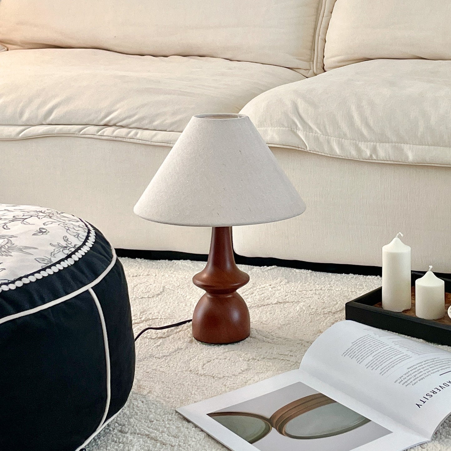 Scandinavian Style Table Lamp with Turned Wood Base & Linen Shade - Warm Soft Light for Cozy Aesthetic Decor