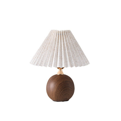 Minimalist Table Lamp with Wood Grain Base & Pleated Fabric Shade - Soft Warm Glow