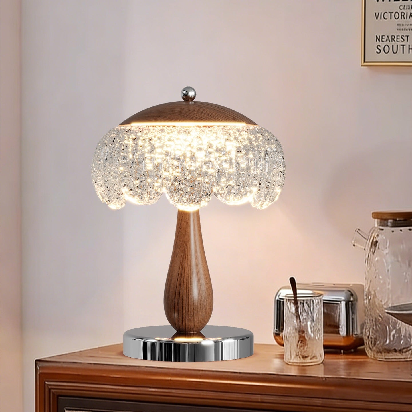 Retro Mushroom Table Lamp with Textured Glass & Wood Accents - Warm Glow for Cozy Aesthetic Decor