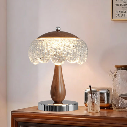 Retro Mushroom Table Lamp with Textured Glass & Wood Accents - Warm Glow for Cozy Aesthetic Decor