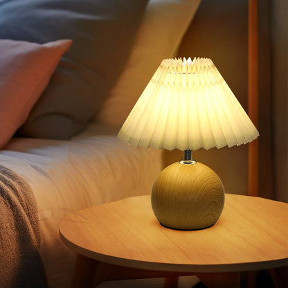 Minimalist Wood Grain Table Lamp with Pleated Shade - Warm Soft Light for Cozy Aesthetic Decor
