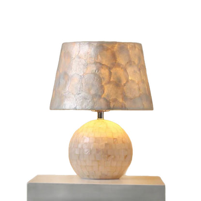 Elegant Capiz Shell Table Lamp with Matching Mosaic Shade - Soft Warm Light for Bohemian & Coastal Decor