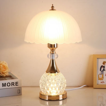 Decorative Crystal LED Table Lamp with Scalloped Glass Shade - Cozy Ambient Light for Nightstands