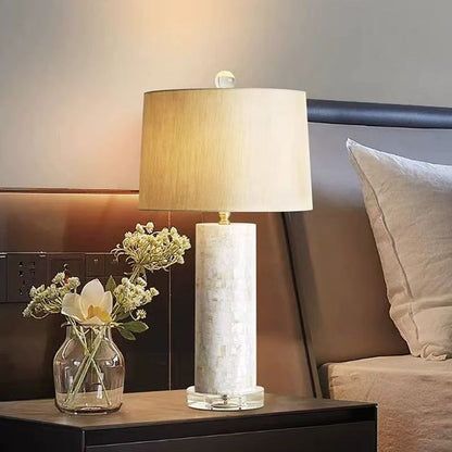 Elegant Mosaic Shell Table Lamp with Crystal Base & Neutral Linen Shade - Soft Warm Light for Contemporary Decor