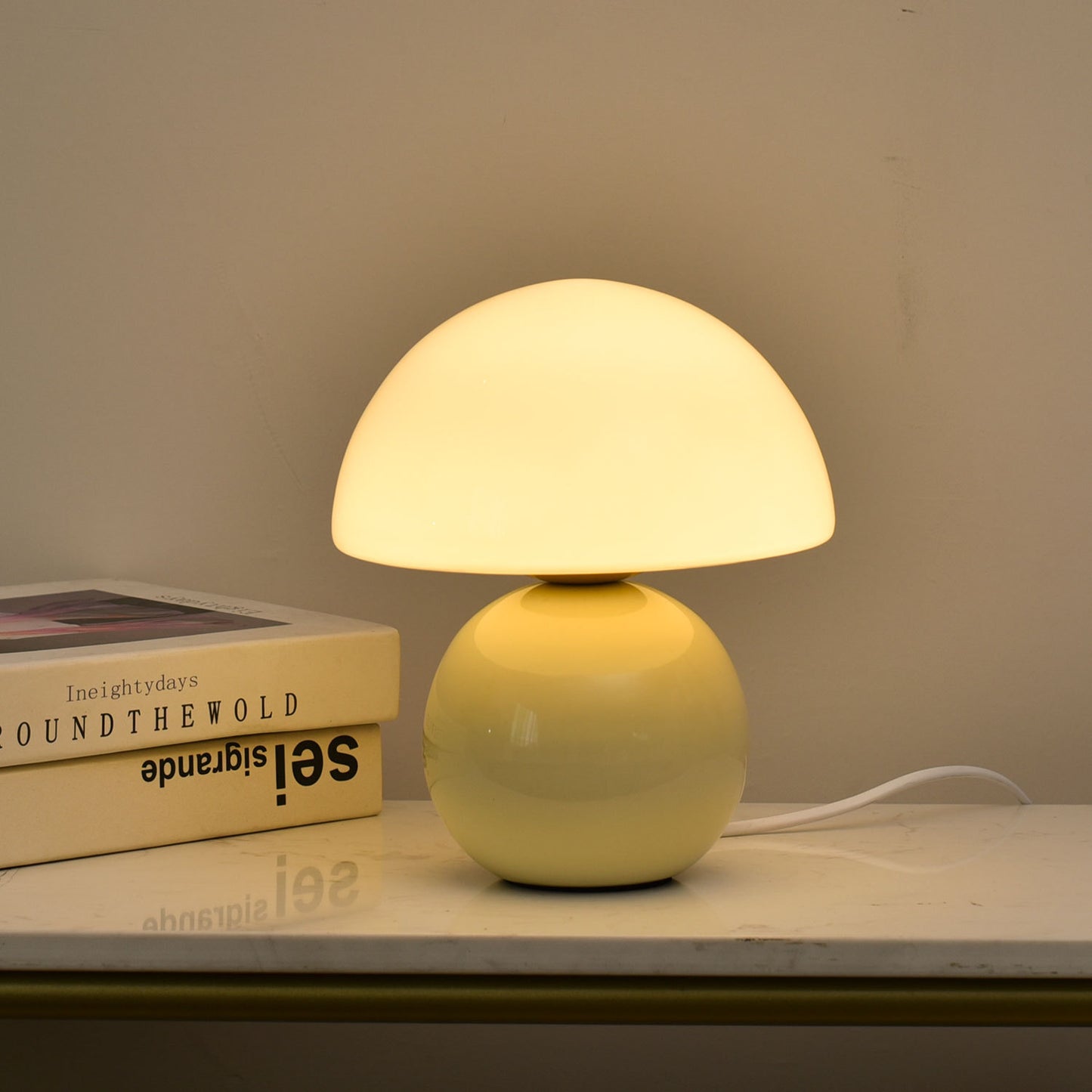 Cream Yellow Mushroom Table Lamp with Ceramic Base | Modern Bedside Lamp for Bedroom & Living Room