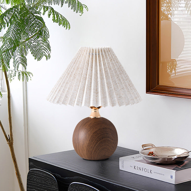 Minimalist Table Lamp with Wood Grain Base & Pleated Fabric Shade - Soft Warm Glow