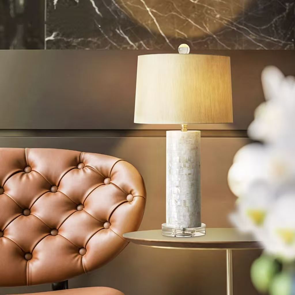 Elegant Mosaic Shell Table Lamp with Crystal Base & Neutral Linen Shade - Soft Warm Light for Contemporary Decor