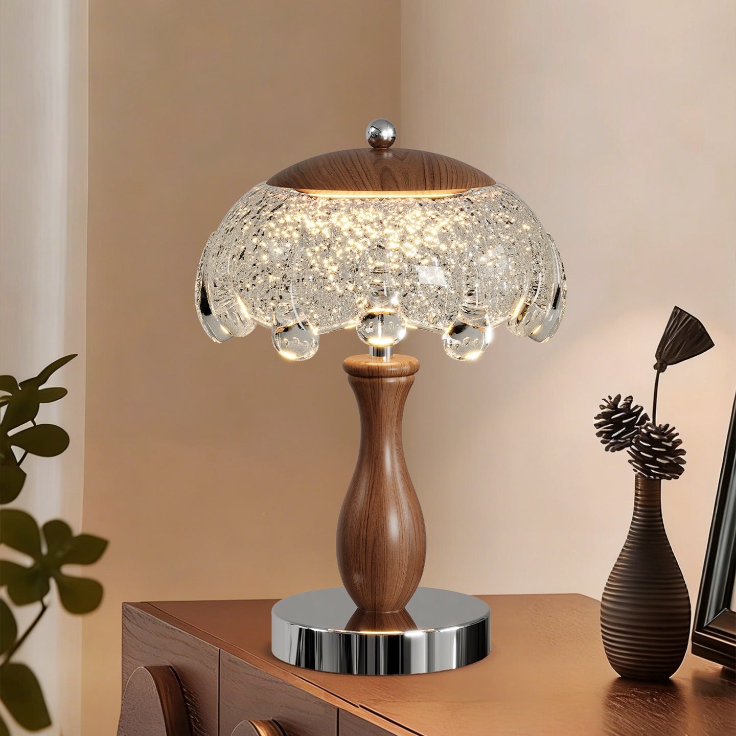 Retro Mushroom Table Lamp with Textured Glass & Wood Accents - Warm Glow for Cozy Aesthetic Decor