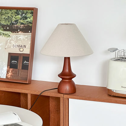 Scandinavian Style Table Lamp with Turned Wood Base & Linen Shade - Warm Soft Light for Cozy Aesthetic Decor