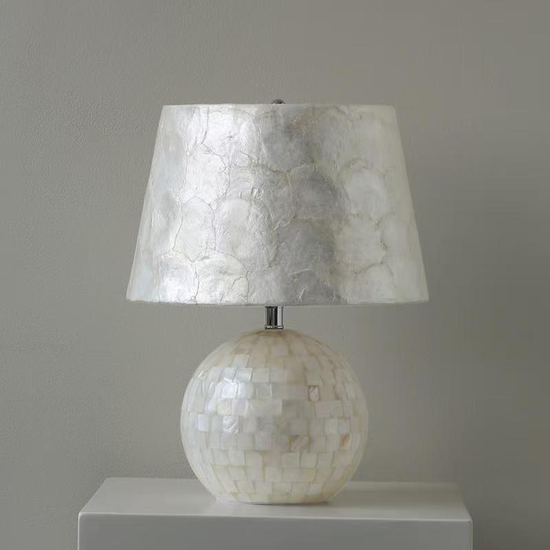 Elegant Capiz Shell Table Lamp with Matching Mosaic Shade - Soft Warm Light for Bohemian & Coastal Decor