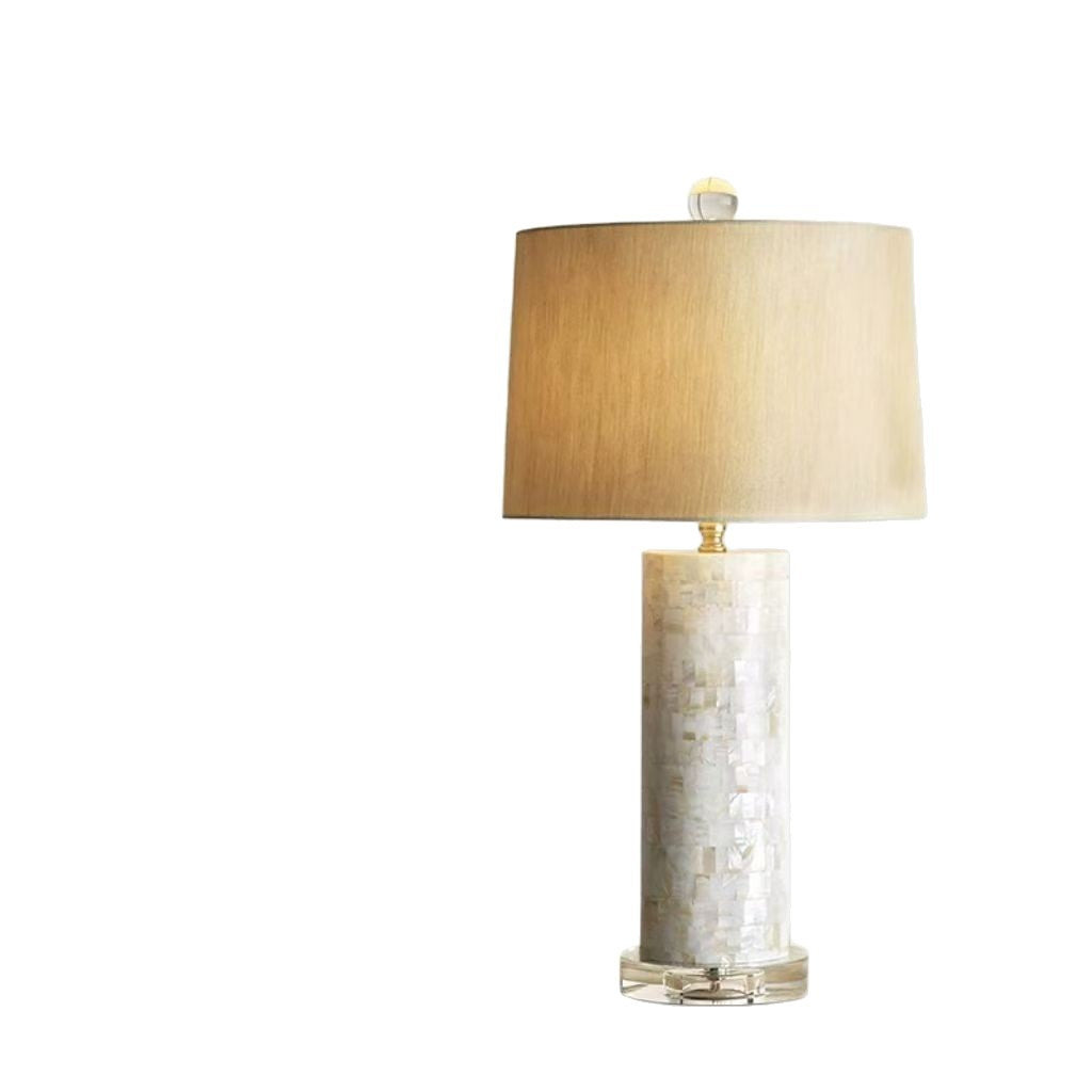 Elegant Mosaic Shell Table Lamp with Crystal Base & Neutral Linen Shade - Soft Warm Light for Contemporary Decor