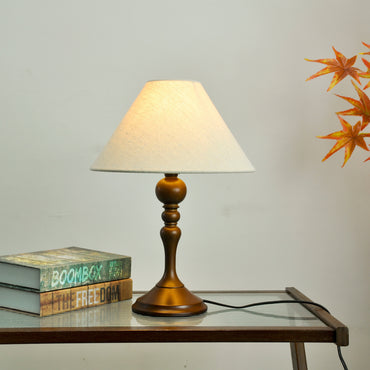Traditional Carved Wood Base Table Lamp with Neutral Linen Shade - Warm Soft Light for Rustic & Cottage Decor