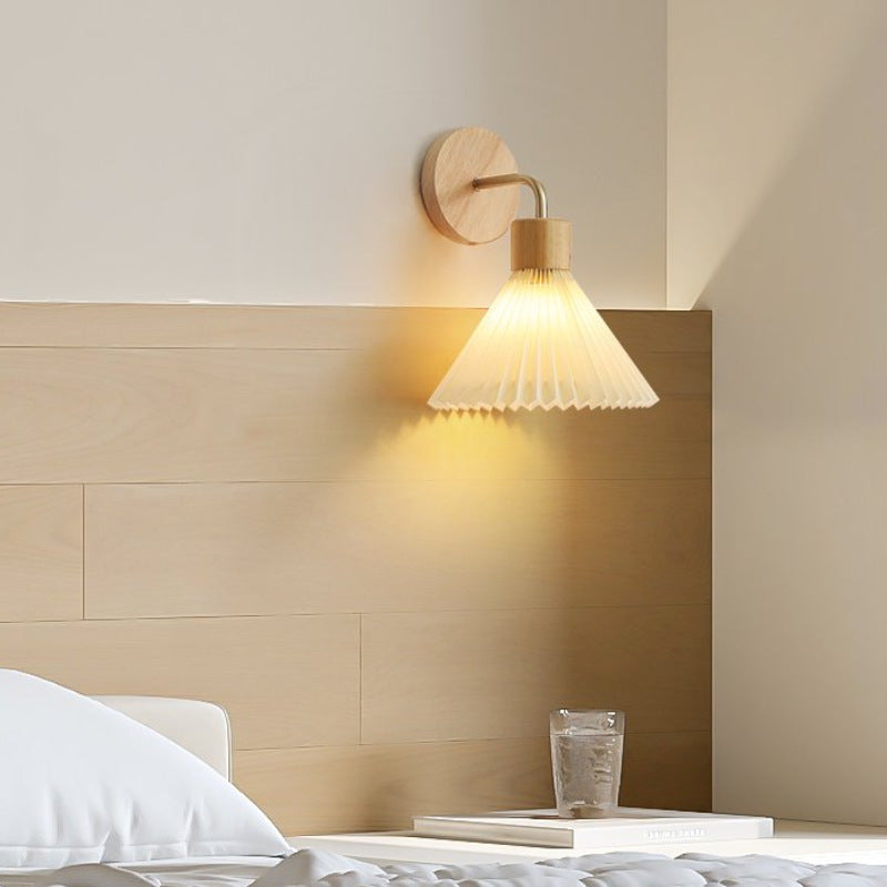 Minimalist Pleated Shade Wall Lamp with Natural Wood Base for Cozy Interiors