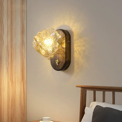 Farmhouse Style Wall Lamp with Dark Wood Base & Hammered Glass Shade