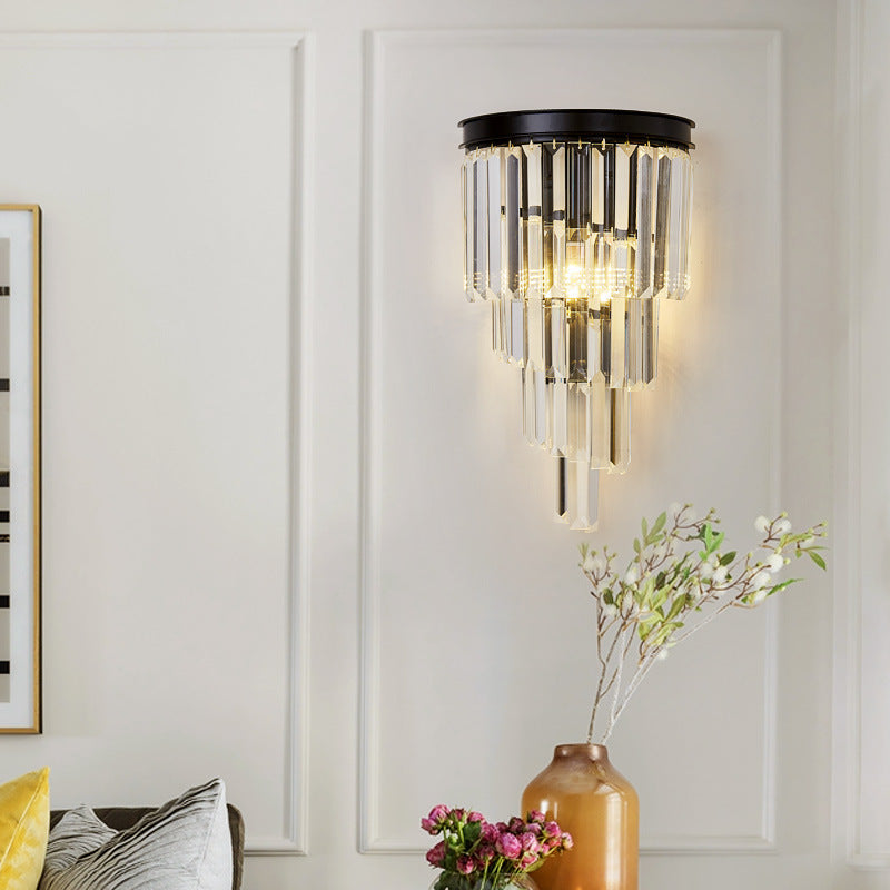 Modern Tiered Prism Crystal Wall Lamp with Black Metal Frame
