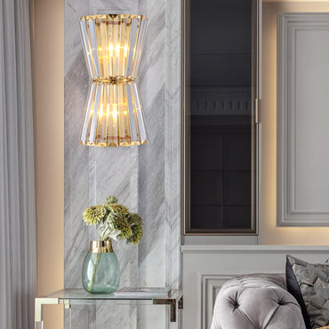 Art Deco Hourglass Wall Lamp with Clear Crystal Prisms & Brass Frame