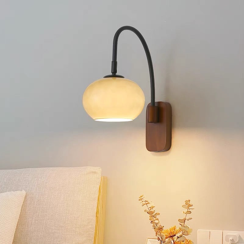Adjustable Black Arm Wall Lamp with Walnut Base for Bedroom Reading