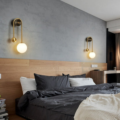 Asymmetrical Brass Wall Lamp with Milk Glass Shade for Bedroom & Living Room