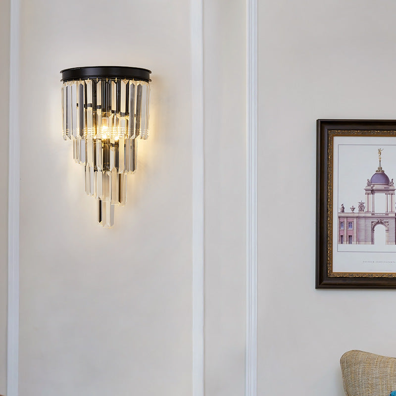Modern Tiered Prism Crystal Wall Lamp with Black Metal Frame