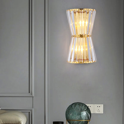 Art Deco Hourglass Wall Lamp with Clear Crystal Prisms & Brass Frame