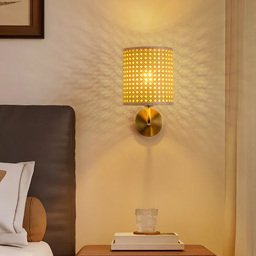 Natural Woven Cane Wall Lamp with Brass Base for Boho & Farmhouse Decor