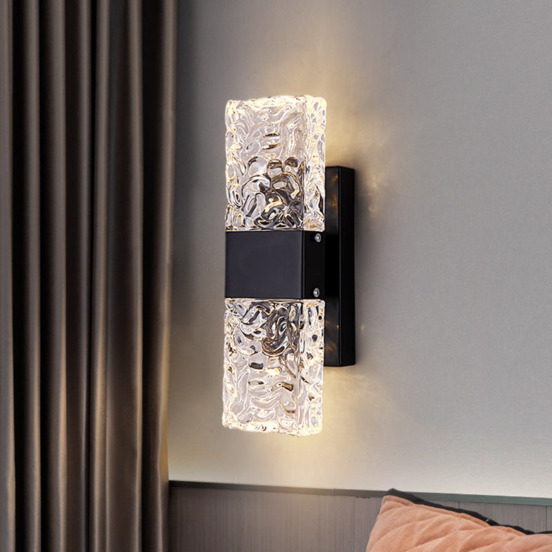 Contemporary Rectangular Water Ripple Glass Wall Lamp with Black Base