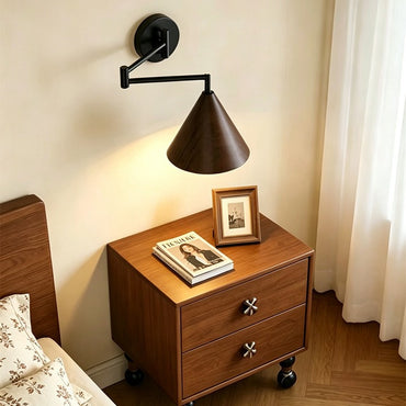 Mid-Century Modern Swing Arm Wall Lamp with Faux Wood Shade