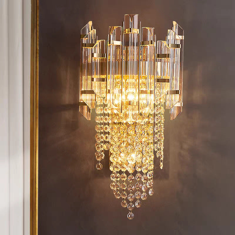 Modern Cascade Crystal Wall Lamp with Polished Gold Frame