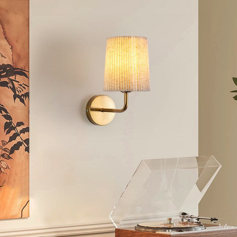 Minimalist Ribbed Fabric Wall Lamp with Gold Base for Bedroom