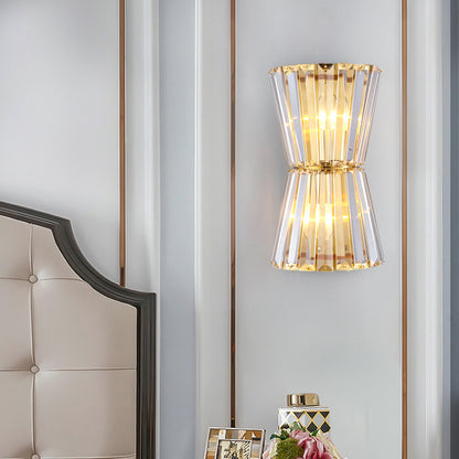 Art Deco Hourglass Wall Lamp with Clear Crystal Prisms & Brass Frame