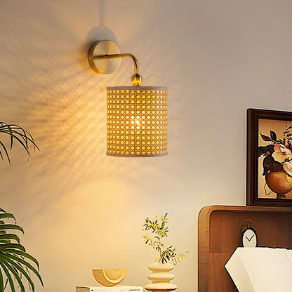 Natural Woven Cane Wall Lamp with Brass Base for Boho & Farmhouse Decor