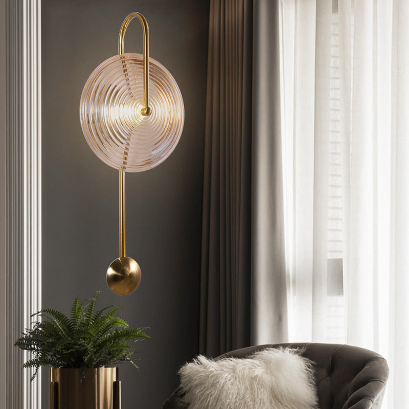 Art Deco Pendulum Wall Lamp with Ribbed Glass Disc for Contemporary Decor