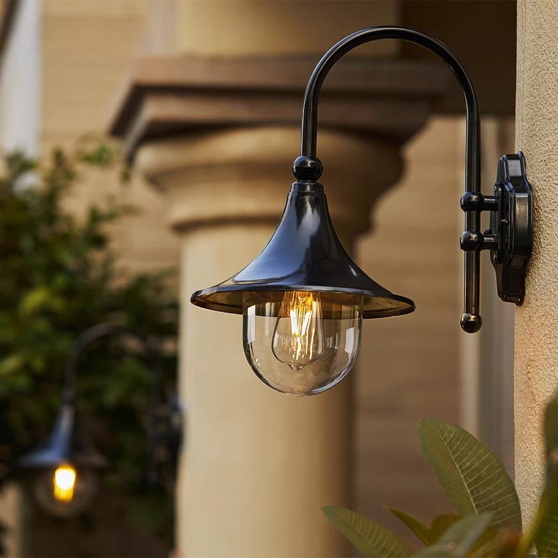 Black Gooseneck Outdoor Wall Light with Globe Glass | Waterproof Industrial Exterior Sconce