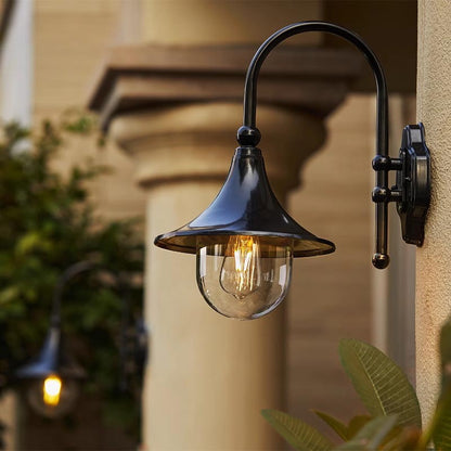 Black Gooseneck Outdoor Wall Light with Globe Glass | Waterproof Industrial Exterior Sconce