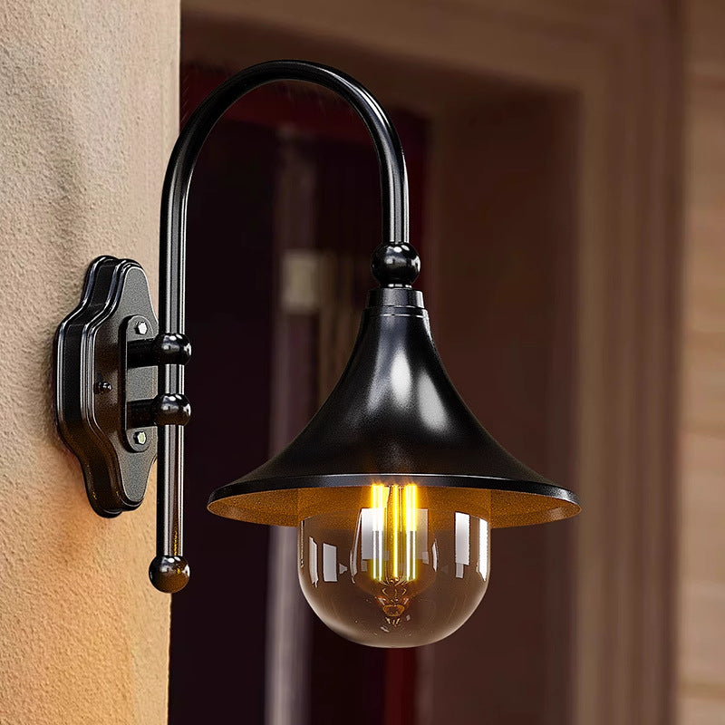 Black Gooseneck Outdoor Wall Light with Globe Glass | Waterproof Industrial Exterior Sconce