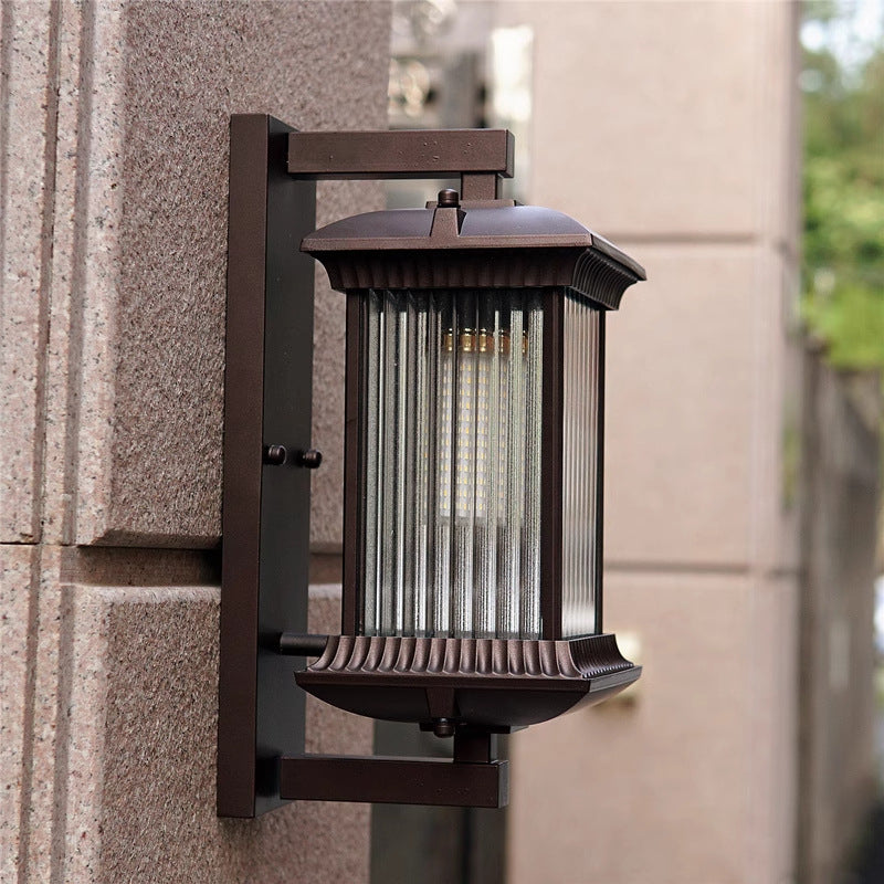 Black Ribbed Glass Outdoor Wall Lantern Waterproof Traditional Exterior Light