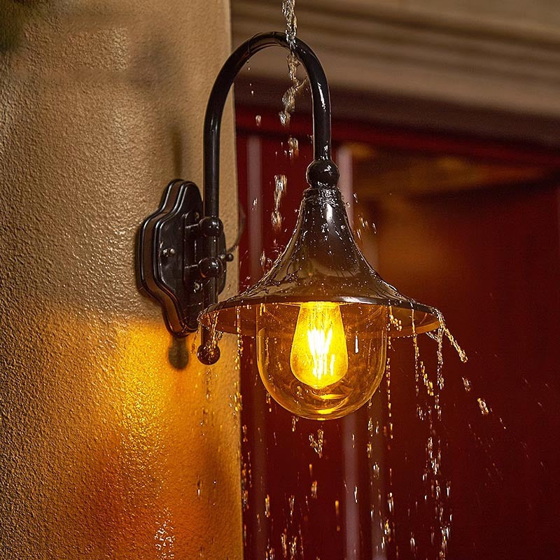 Black Gooseneck Outdoor Wall Light with Globe Glass | Waterproof Industrial Exterior Sconce
