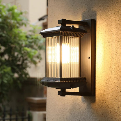 Black Ribbed Glass Outdoor Wall Lantern Waterproof Traditional Exterior Light