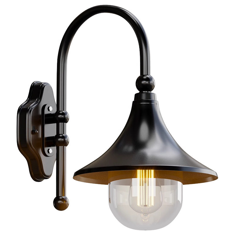 Black Gooseneck Outdoor Wall Light with Globe Glass | Waterproof Industrial Exterior Sconce