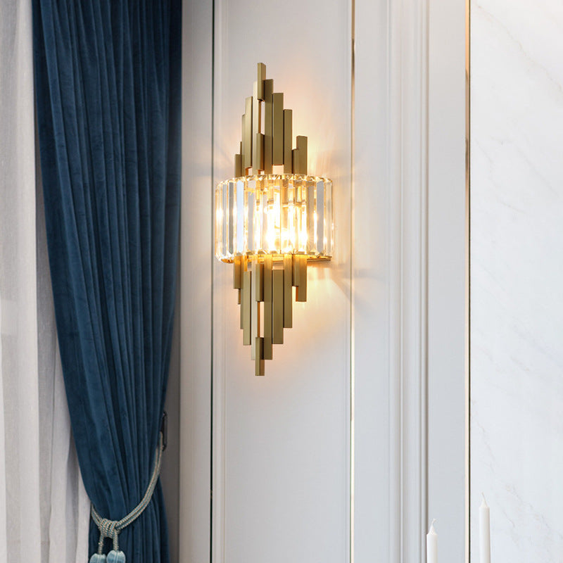 Geometric Gold Frame Wall Lamp with Tiered Crystal Shade
