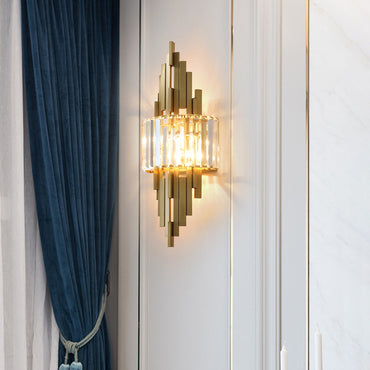 Geometric Gold Frame Wall Lamp with Tiered Crystal Shade