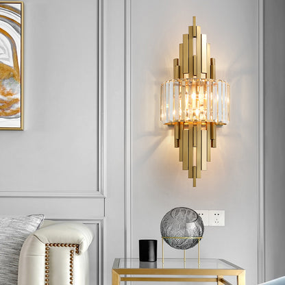 Geometric Gold Frame Wall Lamp with Tiered Crystal Shade