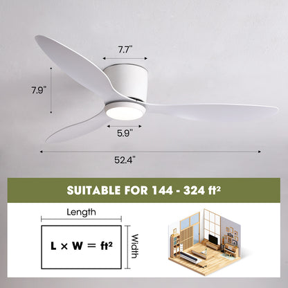 52 in. Smart Indoor Modern White Low Profile Ceiling Fans with Remote and Wall Control with Dimmable Integrated LED